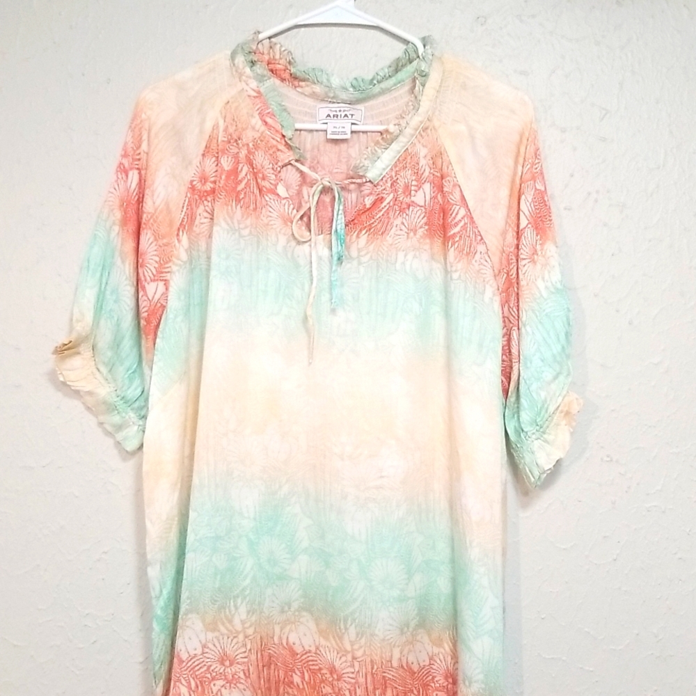 Ariat Coral and Mint Ombre Floral Peasant Blouse